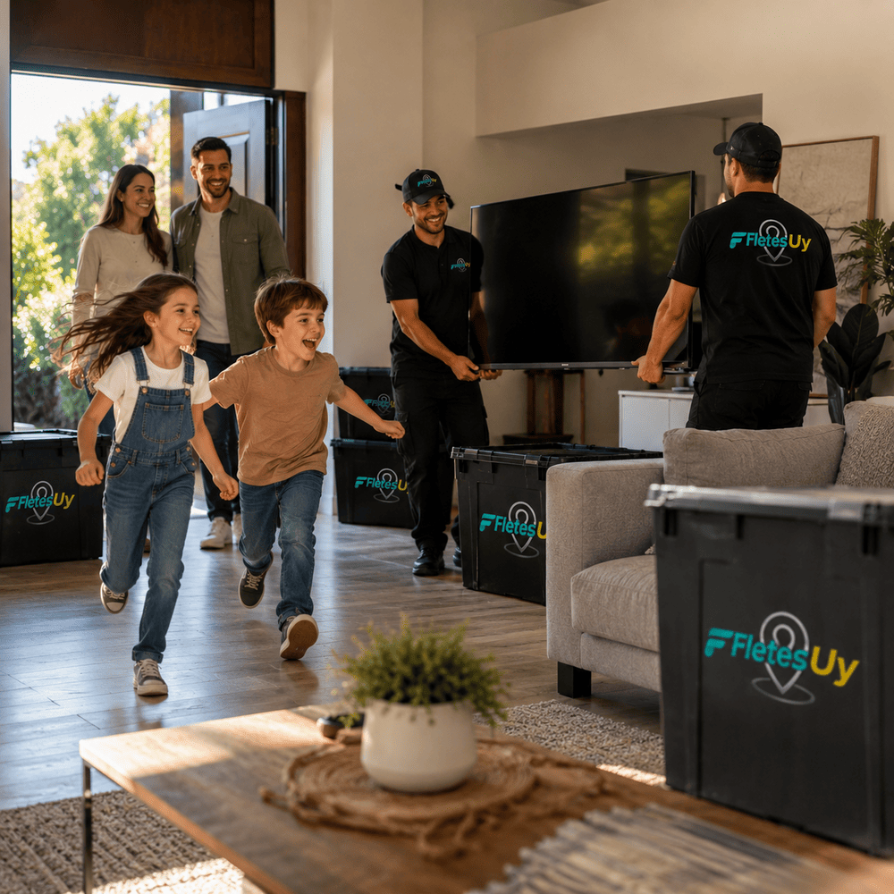 Familia sonriente recibida por el equipo de FletesUY en su nueva casa en Montevideo