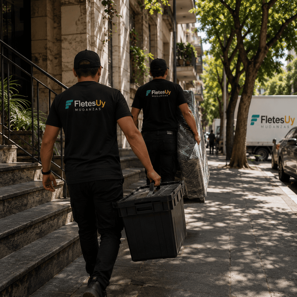Equipo FletesUY caminando con carga en Montevideo en horario diurno