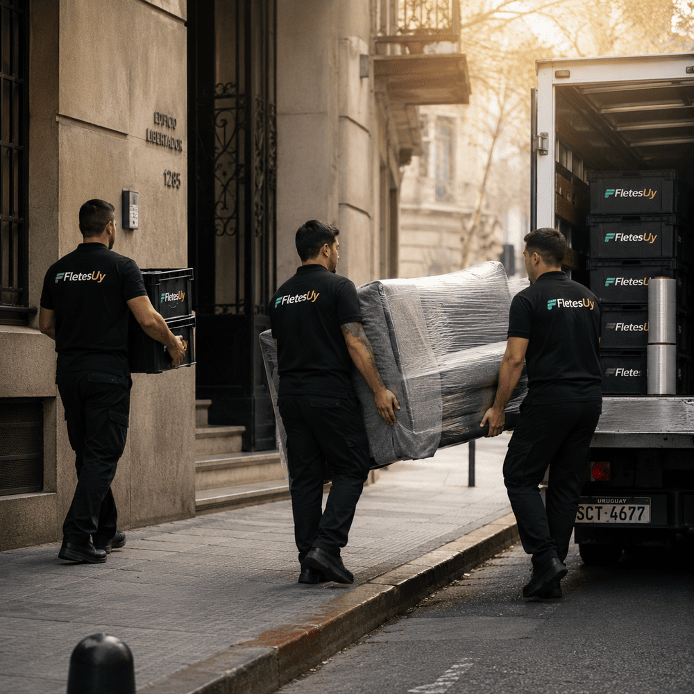 Equipo de FletesUY uniformado de negro junto al camión durante una mudanza diurna en Montevideo