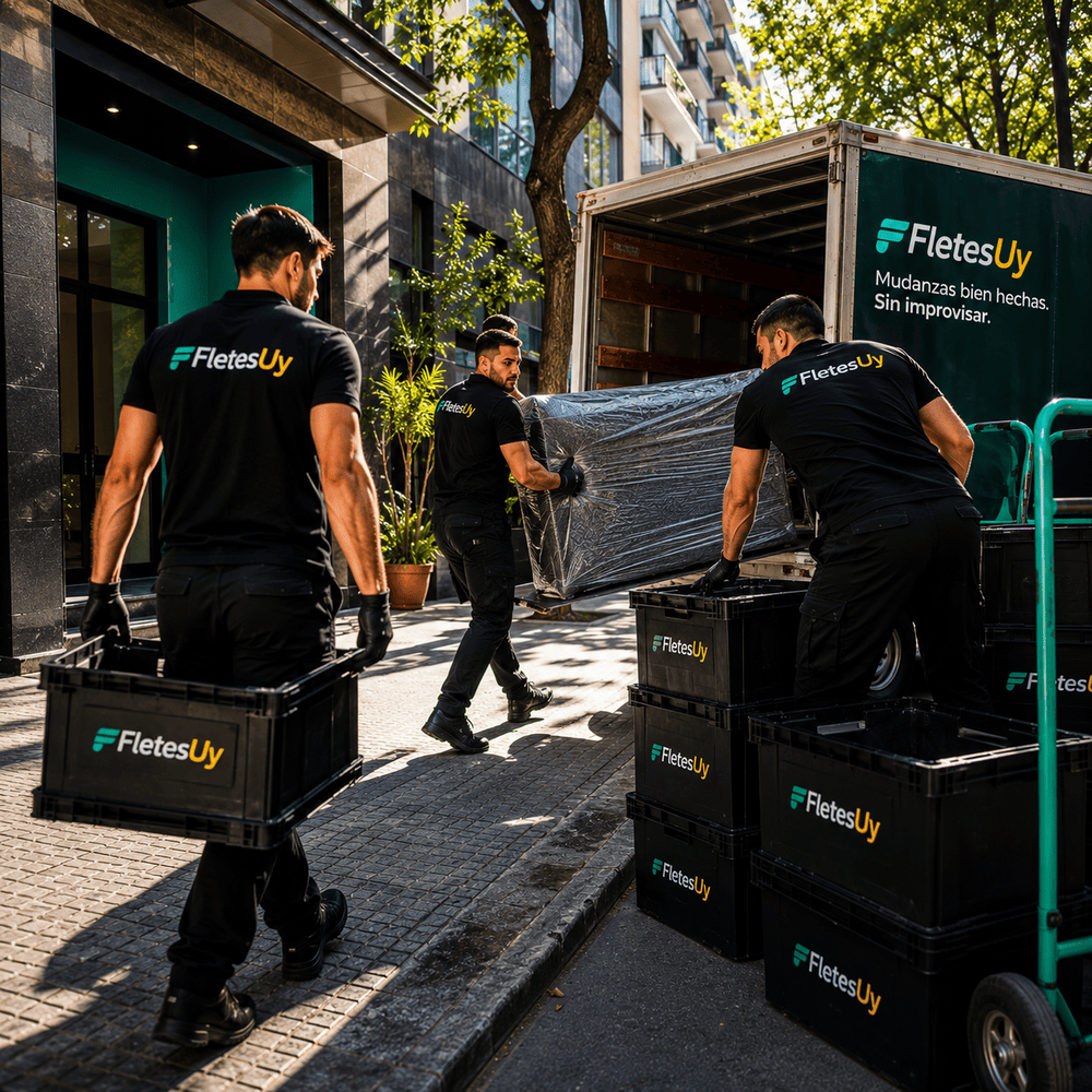 Equipo uniformado de negro de FletesUY antes de una mudanza